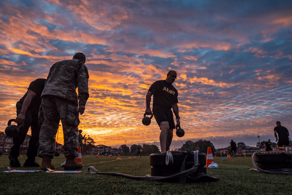 Soldiers performing the Sprint-Drag-Carry event during an Army fitness test